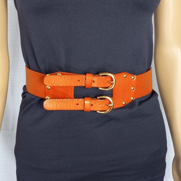VIA SPIGA Burnt Orange Leather Belt Double Strap Gold Metal Buckles & St… - Picture 9 of 16